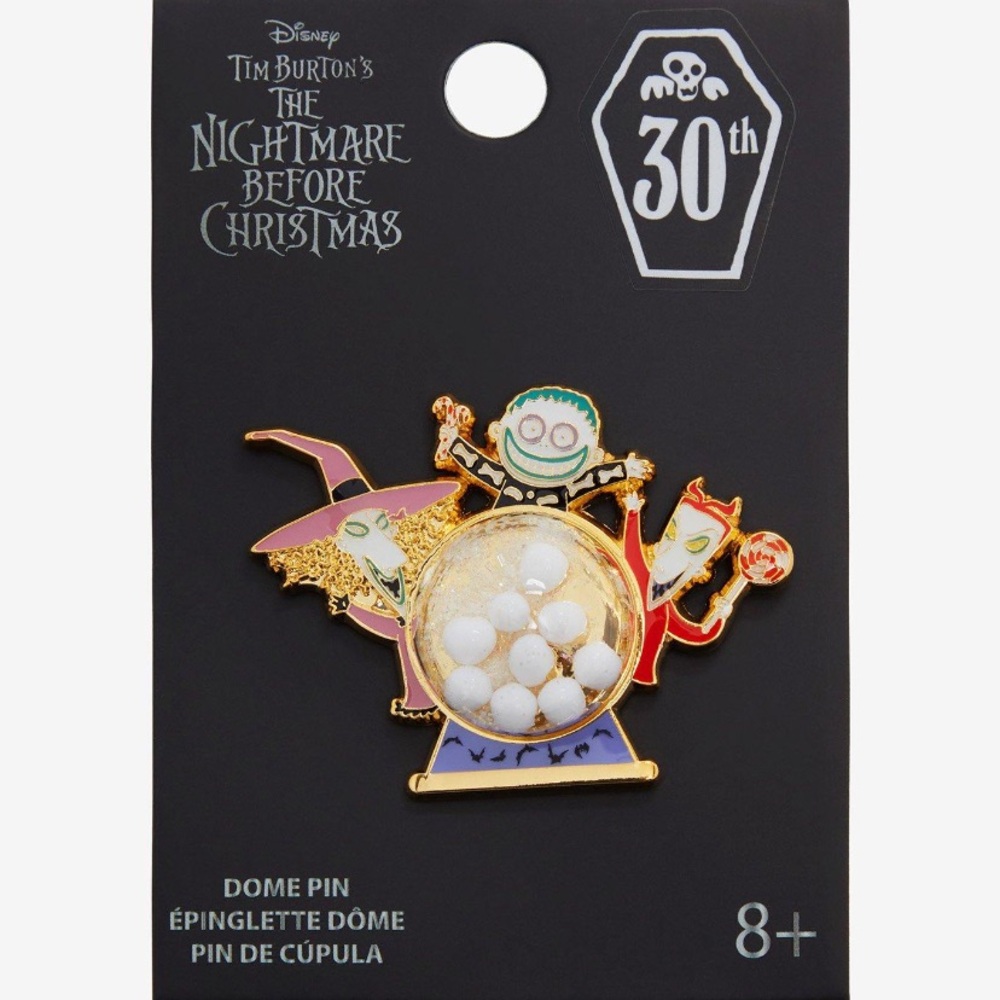 Loungefly Disney Nightmare Before Christmas Lock, Shock, & Barrel Snow Globe Pin